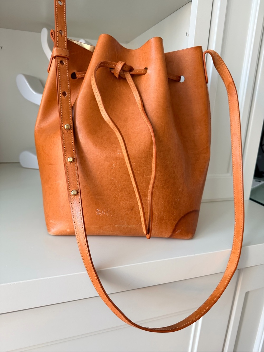 MANSUR GAVRIEL Large Tan Leather Drawstring Bucket Bag Purse Authentic